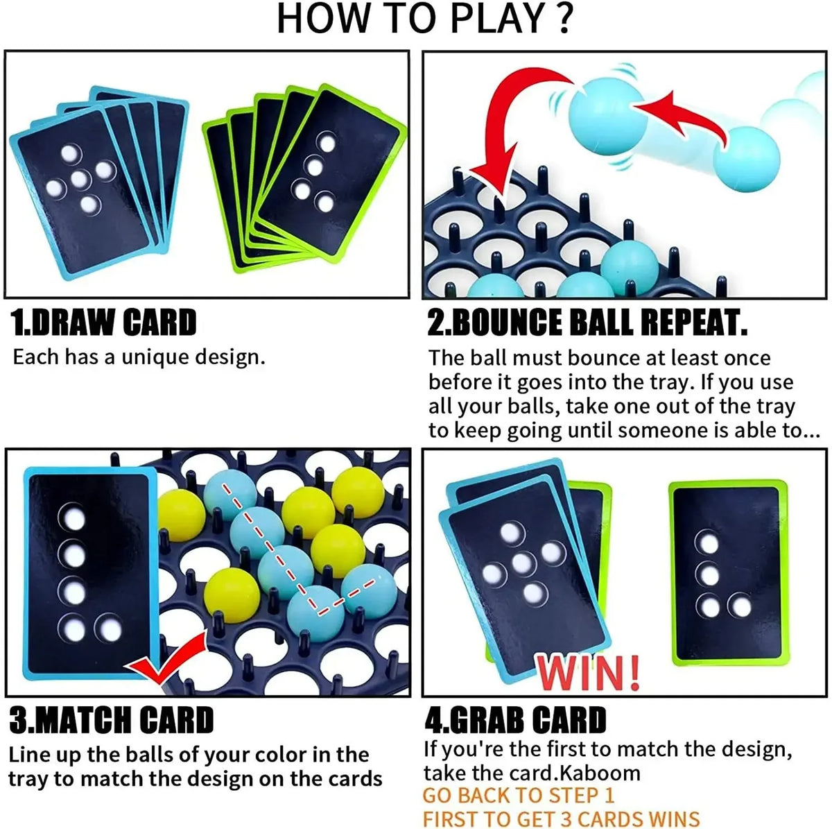 Instructions for a bounce ball card game showing how to draw, bounce balls, match cards, and grab cards.