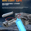 A blue rechargeable lithium battery is shown next to a silver high-powered electric water gun.