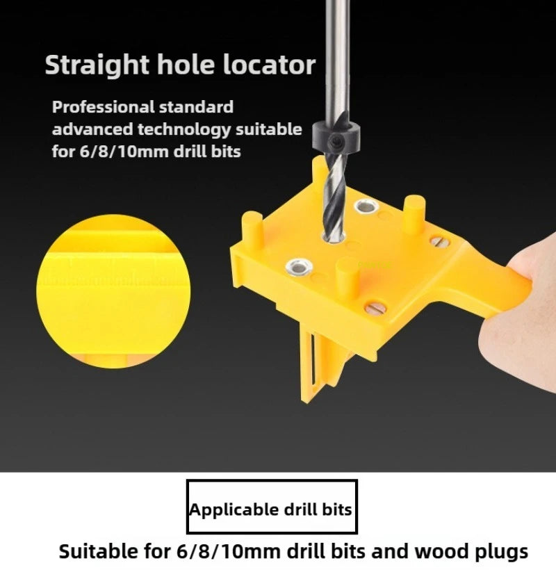 A yellow straight hole locator tool used for guiding drill bits, suitable for 6/8/10mm drill bits and wood plugs.