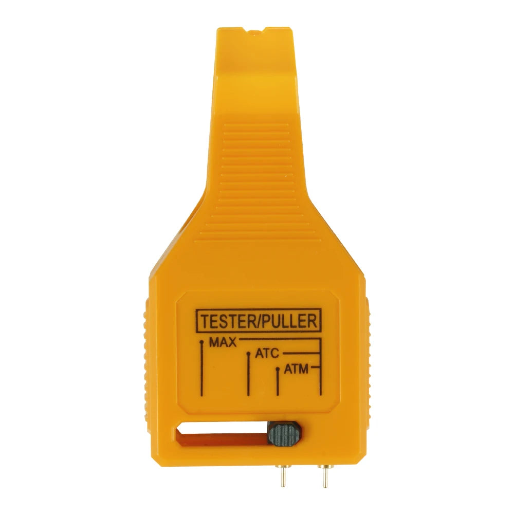 An orange tester/puller tool with a plastic housing and two metal probes for automotive fuses.