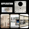 Stainless steel cabinet door hinge repair plate kit with screws shown in application context.