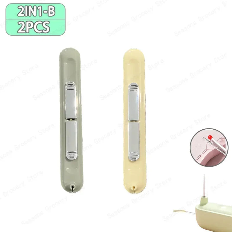 A pair of light beige needle threader and seam ripper tools shown side by side.