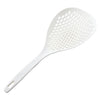 White long-handled non-slip kitchen strainer spoon with a perforated mesh