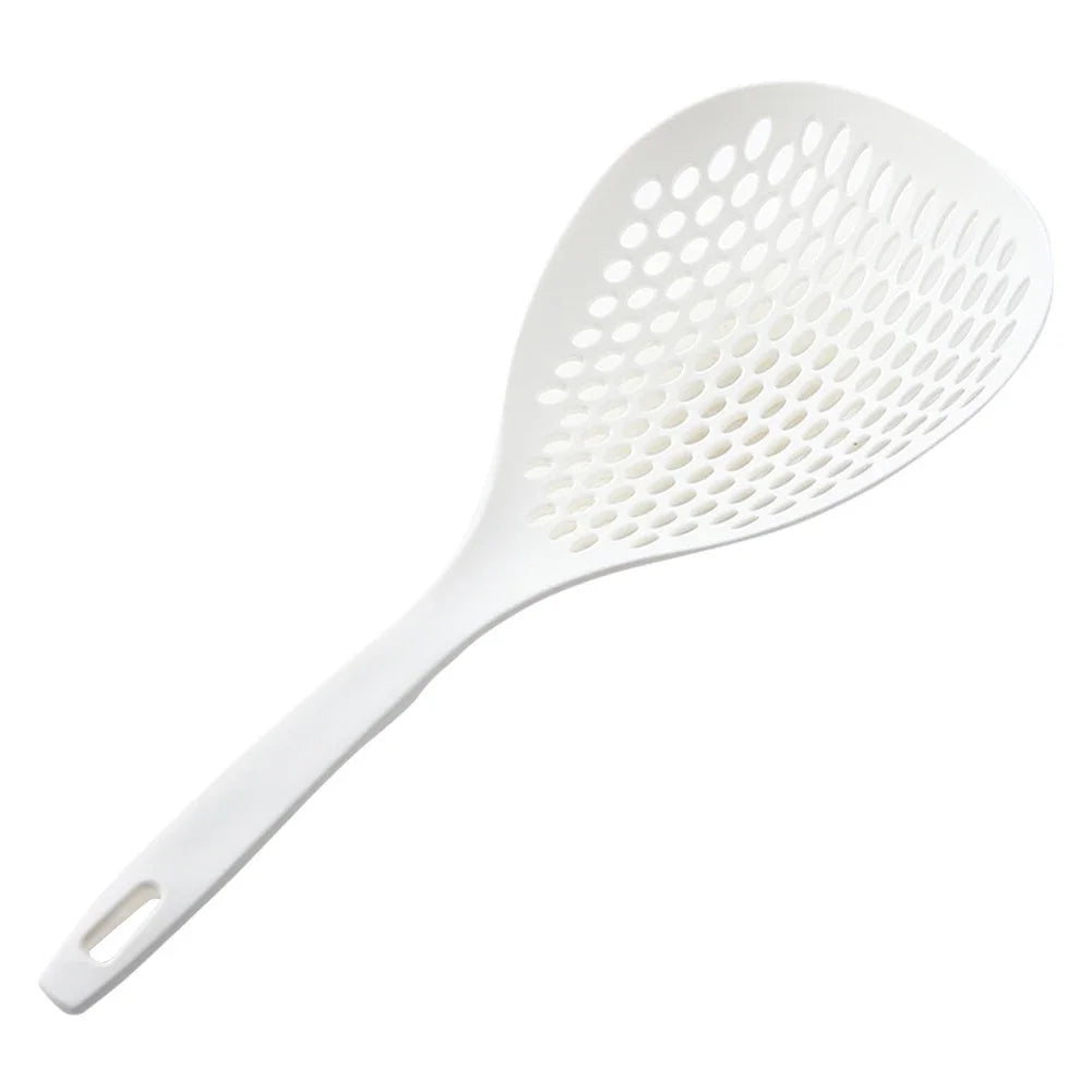 White long-handled non-slip kitchen strainer spoon with a perforated mesh