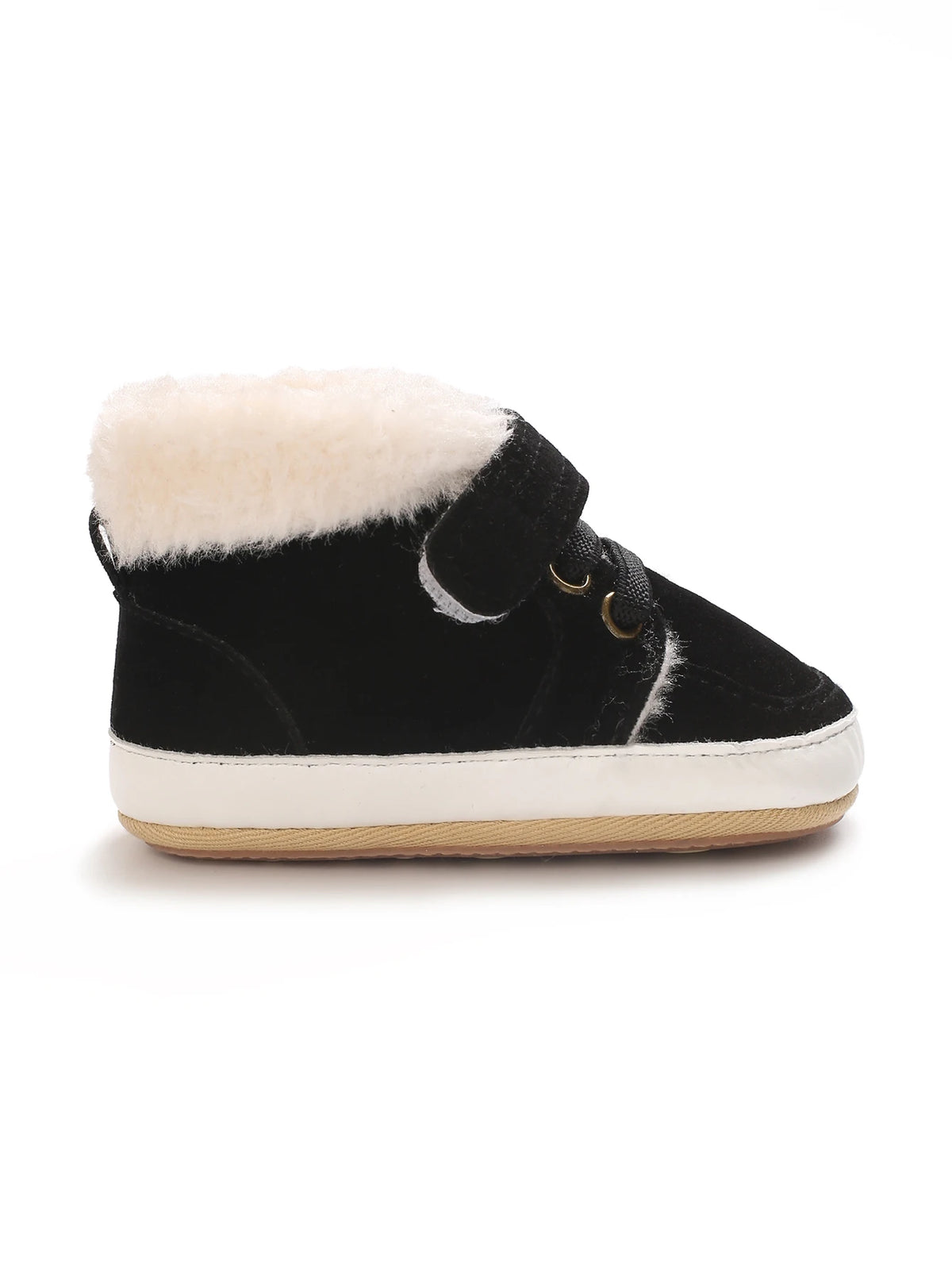 Black baby winter snow boots with a fluffy cream-colored shearling lining and white sole.