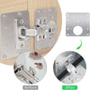 Stainless steel cabinet door hinge repair plate kit showing before and after installation of a hinge.