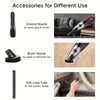 Various accessories for a cordless handheld vacuum cleaner including a crevice nozzle, brush nozzle, and soft long tube.