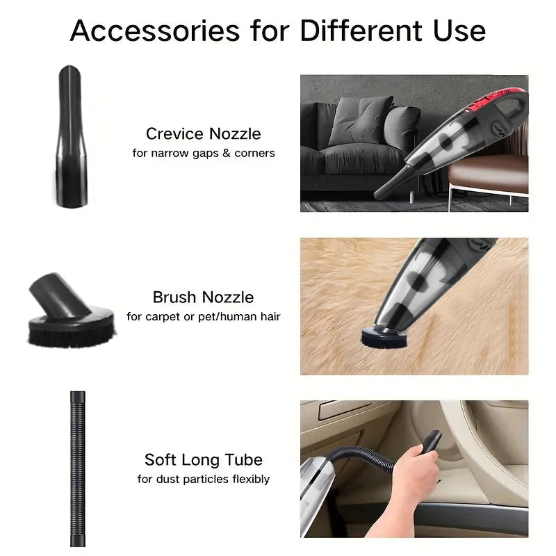 Various accessories for a cordless handheld vacuum cleaner including a crevice nozzle, brush nozzle, and soft long tube.