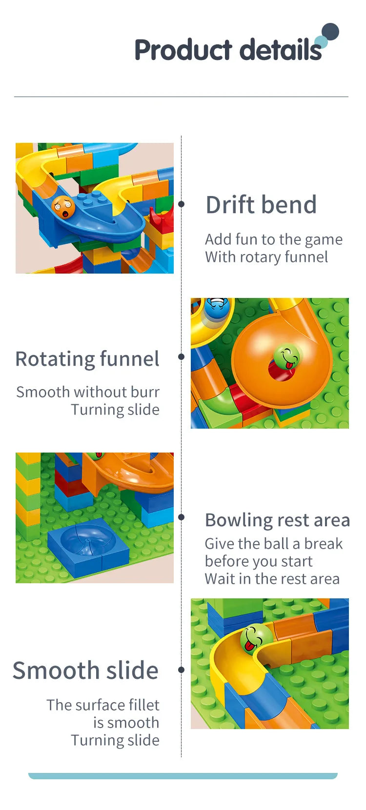 Building blocks set featuring a rotating funnel and smooth sliding surfaces for a marble race game
