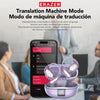 Et par lilla ERAZER XT66PRO trådløse Bluetooth-øreplugger med ladeetui og en smarttelefon som viser en oversettelsesapp