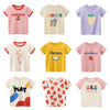 A collection of pink, yellow, and purple short-sleeve cotton t-shirts featuring various fruit designs like cherry, summer, le