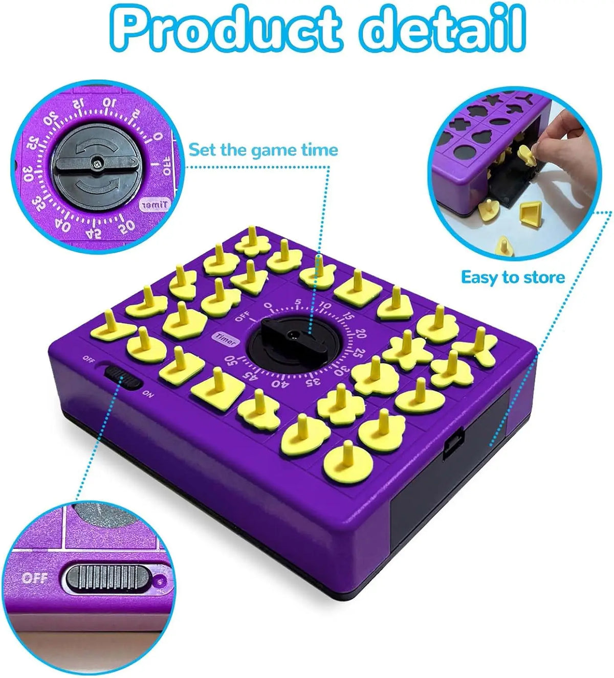 A purple shape matching puzzle game with a dial for setting the game time and various yellow puzzle pieces.