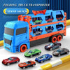 A blue folding truck transporter loaded with several die-cast racing cars.