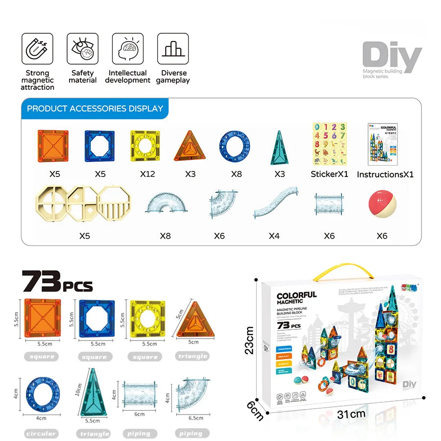 A set of magnetic building blocks with various accessories including squares, triangles, cylinders, and other shapes for crea