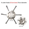 Six cutter heads with 0.5cm bore and 15cm diameter are shown on a metal mounting plate.