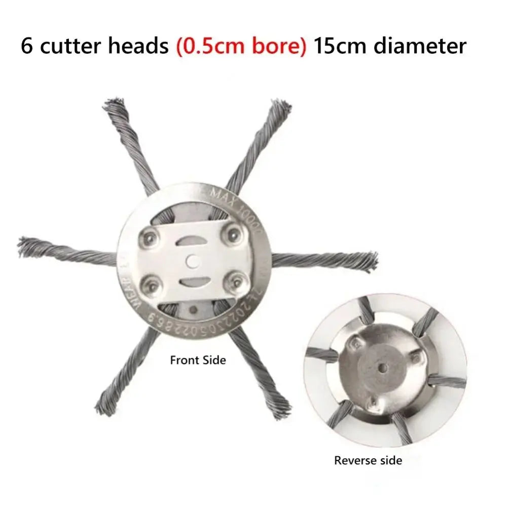 Six cutter heads with 0.5cm bore and 15cm diameter are shown on a metal mounting plate.