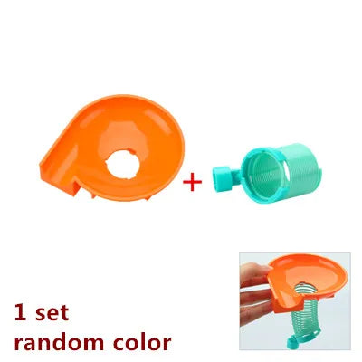 An orange marble run building block set with tracks and funnels shown next to a teal funnel component.
