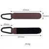 A pair of adjustable leather stroller hooks, one in brown and one in black, with specified dimensions.