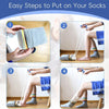 Four steps showing how to put on socks using a sock aid for seniors and limited mobility