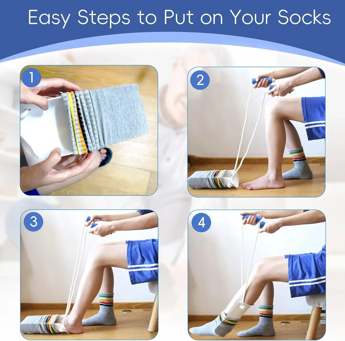 Four steps showing how to put on socks using a sock aid for seniors and limited mobility