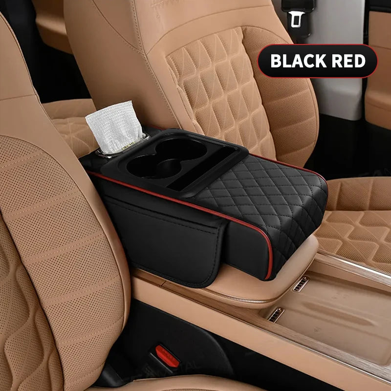 A black red car center console organizer with an armrest cushion and cup holder placed in a beige car seat.