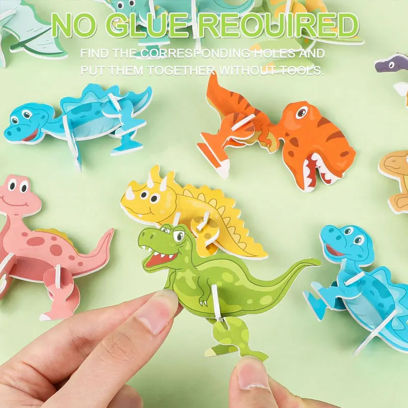 A hand is assembling a colorful 3D foam animal puzzle set by fitting corresponding holes together without tools.