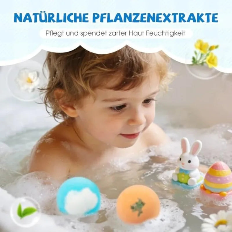 A child is bathing in water with foam, surrounded by natural plant extracts and bath fizzies products.