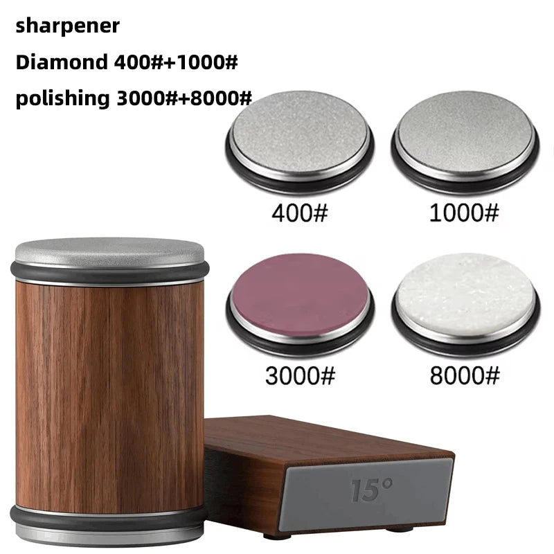 Ensemble d'affûteurs diamantés de différents grains : 400, 1000, 3000 et 8000, avec un cylindre en bois.