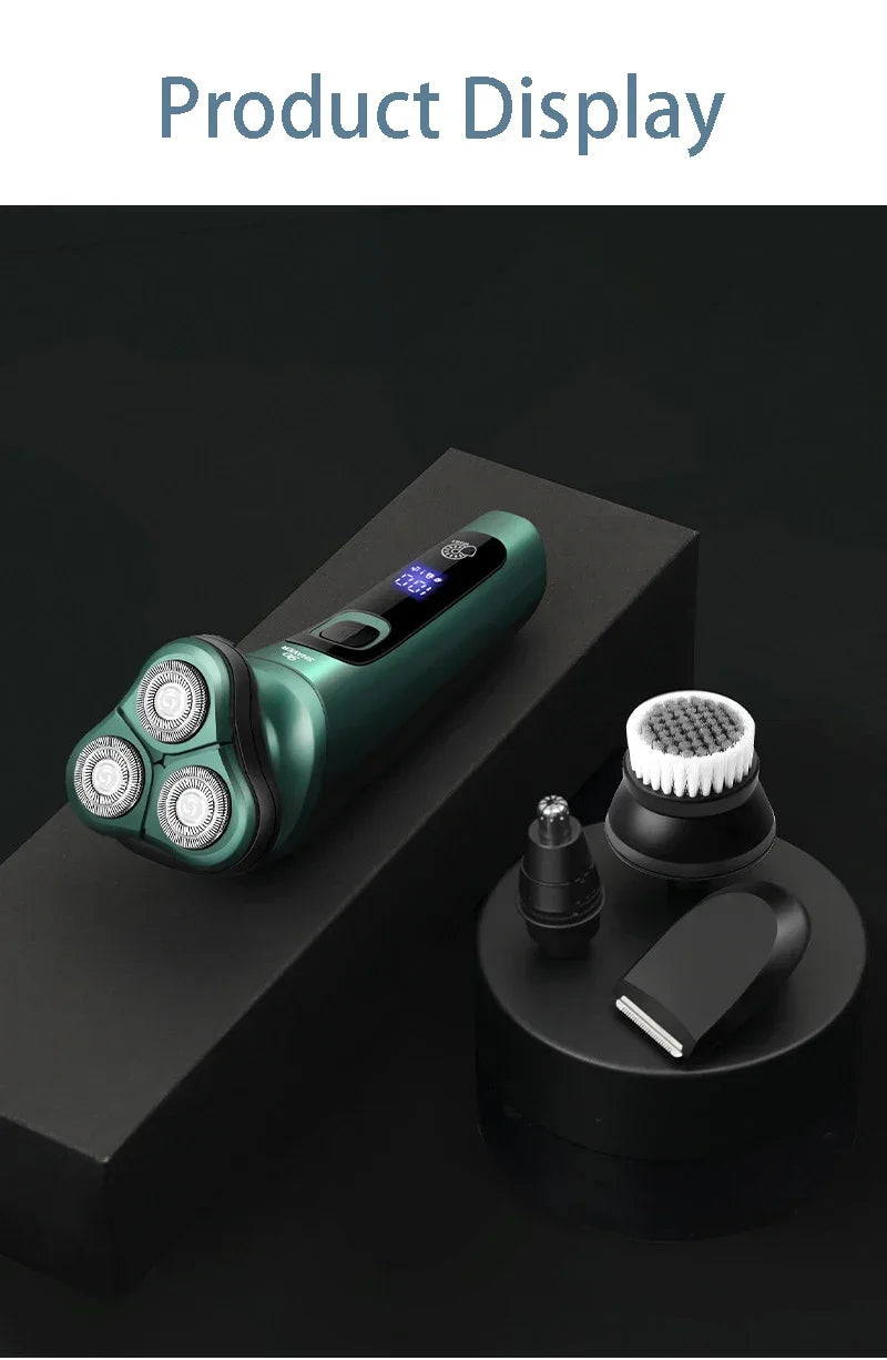 A close-up display of a green electric shaver with a floating head and LCD screen resting on a black surface.