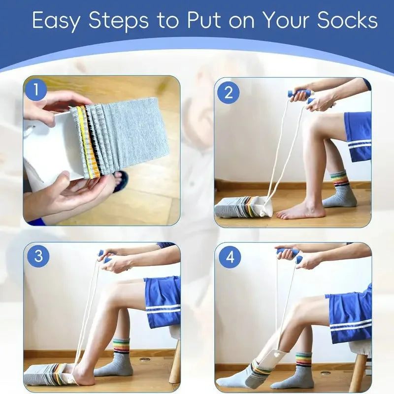 Four steps showing how to put on socks using a sock aid for seniors and limited mobility