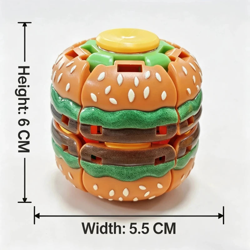 An orange hamburger-shaped fidget ball with green accents and a yellow top, designed for stress relief.