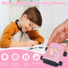 A child is using a pink roller digital teaching stamp for addition and subtraction practice on paper.