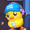 A yellow duck toy wearing a blue hat and headphones, performing singing and dancing with lights and music.