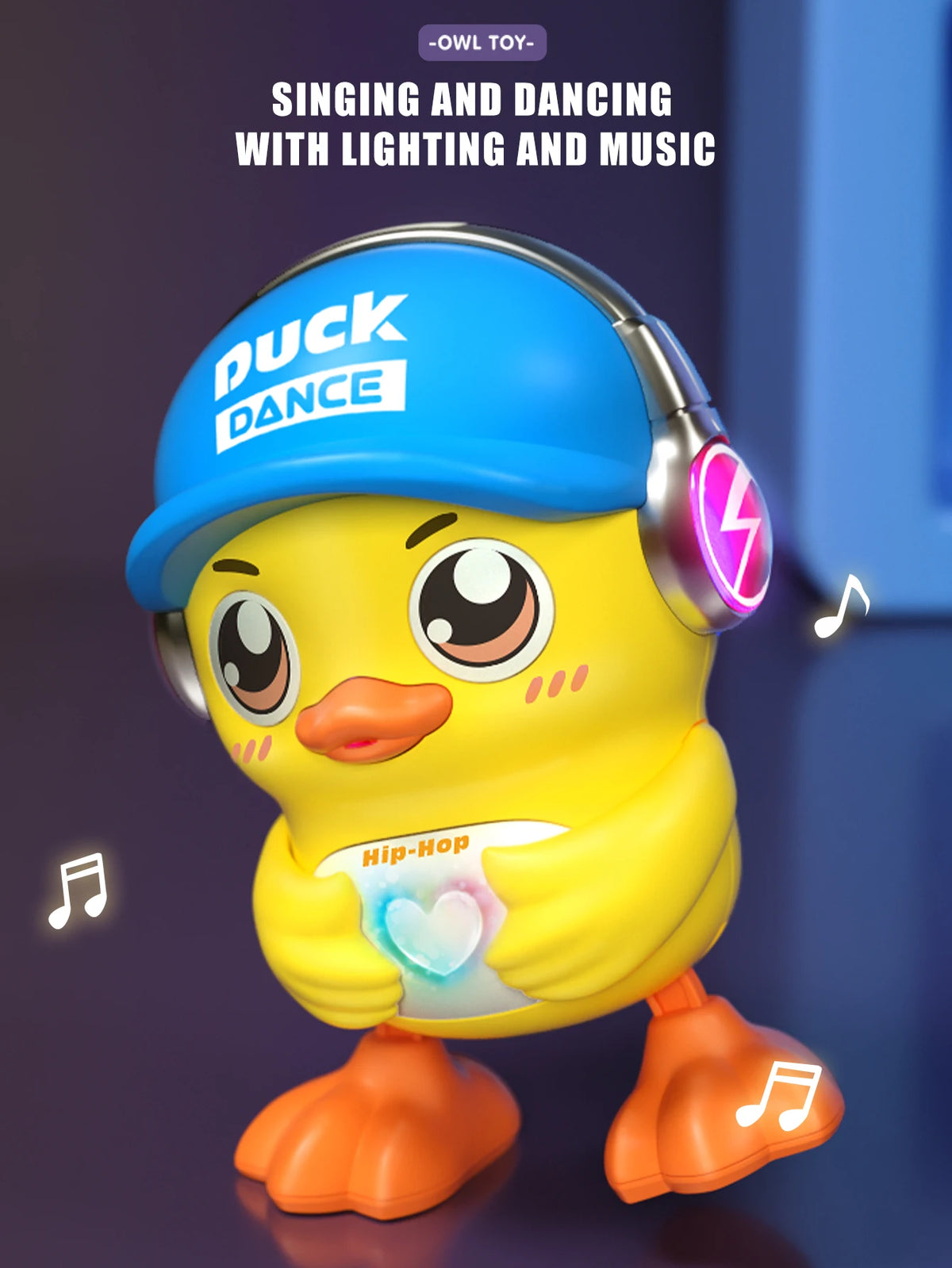 A yellow duck toy wearing a blue hat and headphones, performing singing and dancing with lights and music.