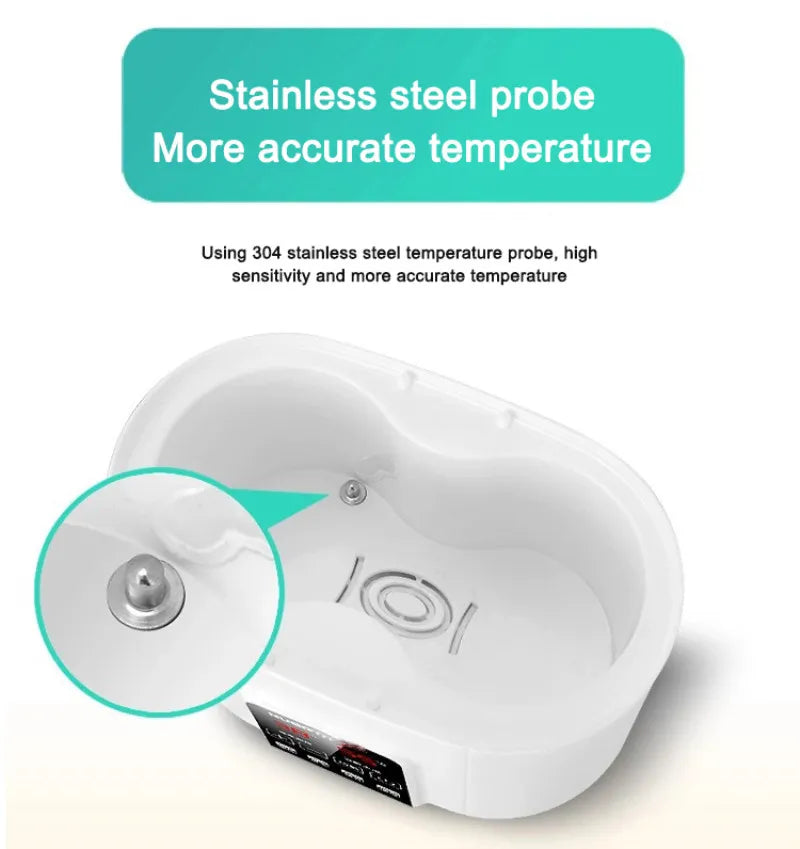 A white stainless steel probe for measuring temperature is shown inside a baby bottle warmer and sterilizer device.