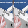 Close-up of a metal faucet sprayer head demonstrating bubble splash and strong sprayer modes