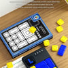 A vivid slide puzzle game with various colored blocks and a guide showing how to teach clear thinking through steps.