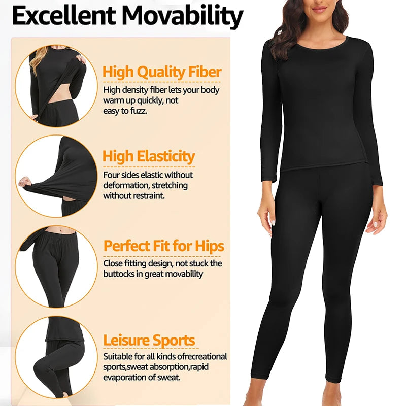 Black women's thermal underwear set featuring high quality fiber, elasticity, and a perfect fit for hips.