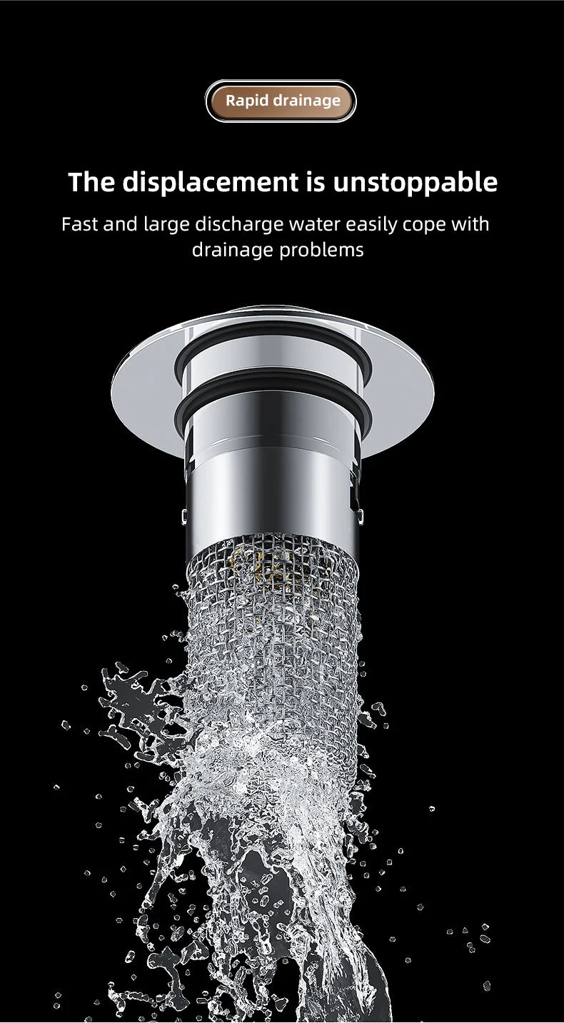 A close-up shot of a press-type sink drain stopper with a metal cap and a mesh core, showing water rapidly draining.