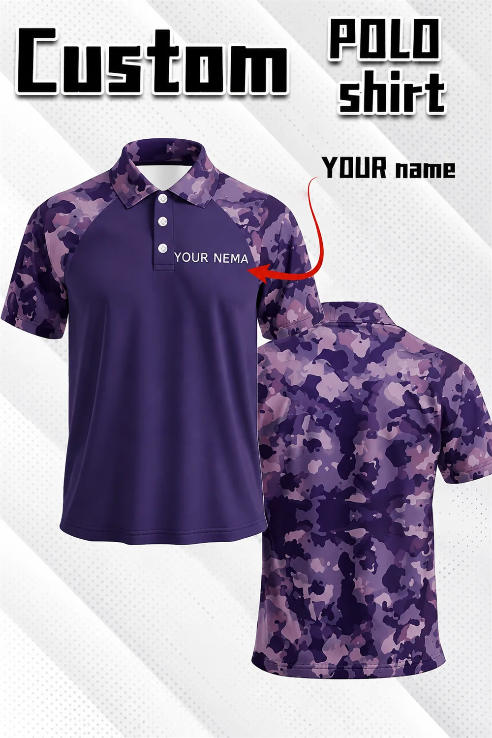 Lila Camouflage-Poloshirt auf Kleiderbügel, Vorder- und Rückseite mit Anpassungsoptionen.