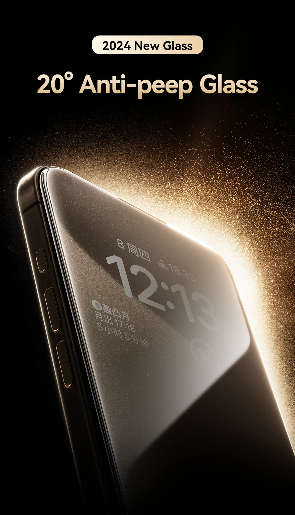 Primer plano de pantalla de smartphone con hora 12:13, efecto de luz dorada resaltando el vidrio antimirones