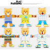 Three wooden puzzle bears in various colors and outfits for children's dress-up play