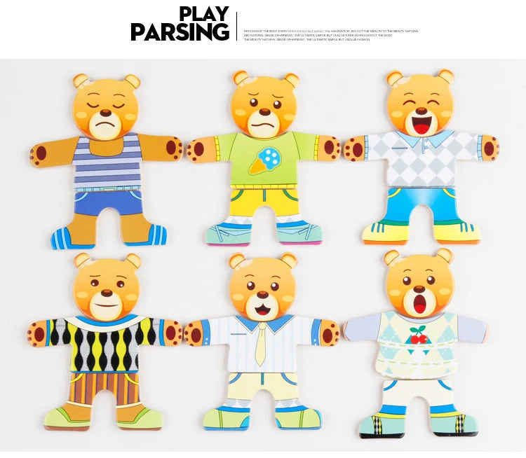 Three wooden puzzle bears in various colors and outfits for children's dress-up play
