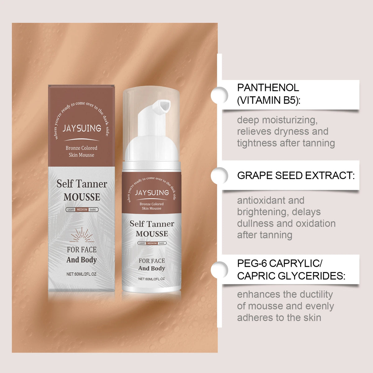A bottle of JAYSUING Self Tanner Mousse for face and body alongside a bottle of Panthenol and Grape Seed Extract products.