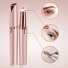 A pink precision electric eyebrow trimmer shown with close-ups demonstrating its use on an eyebrow and skin.