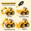 Yellow four-piece set of DIY nut assembly engineering vehicles including an excavator, bulldozer, and wall-breaking vehicle.