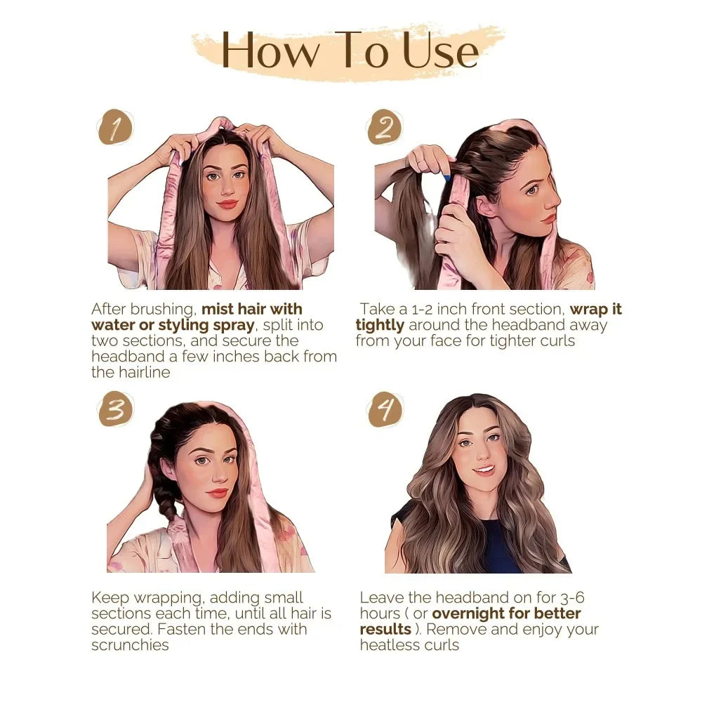 Instructions for using a heatless overnight curling headband to create curls.