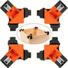 Four adjustable right-angle orange and black clamps for woodworking and DIY projects