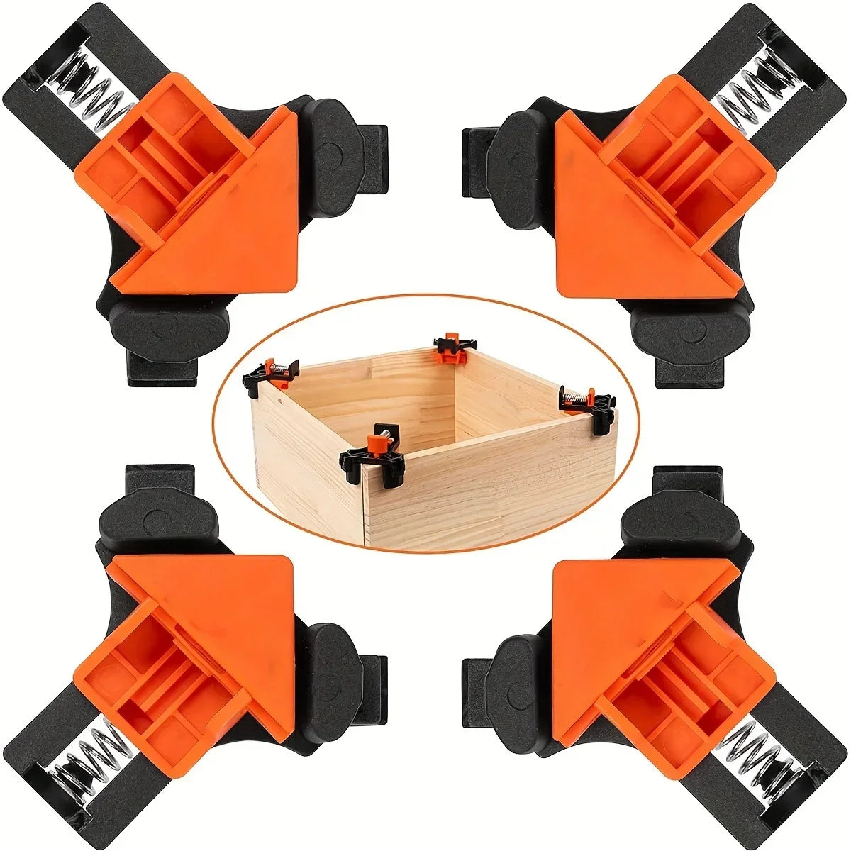 Four adjustable right-angle orange and black clamps for woodworking and DIY projects