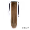 Long straight brown hair extension with black tie and wrap-around clip